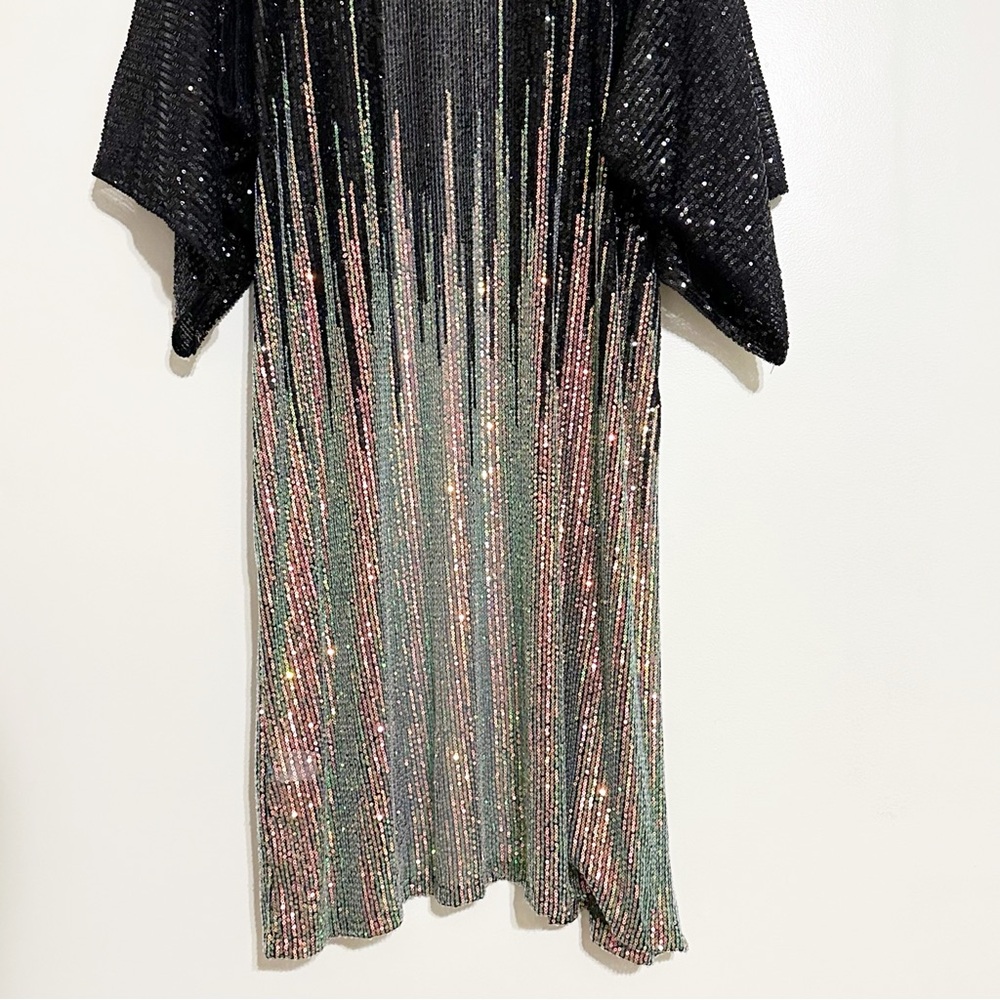 Free People Party On Sequin Kimono Jacket Duster In Color Black Combo - Picture 7 of 10